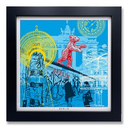 Framed art print featuring a vibrant, abstract cityscape of Berlin with architectural elements, silhouettes of people, and a central figure in red. The print showcases a mix of colors, shapes, and textures that capture the energy and dynamism of the city.