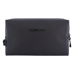 A black, rectangular weekend bag with a zipper closure and adjustable strap.