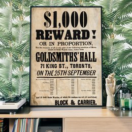 Vintage reward poster featuring a $1,000 reward for information related to an event at Goldsmiths Hall in Toronto on September 29th. The poster has a classic, antique-style design with bold text and a simple layout.