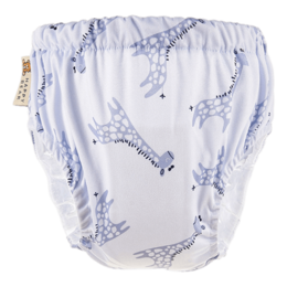 Blue and white patterned training pants with a giraffe design. Soft, comfortable material suitable for babies and toddlers.