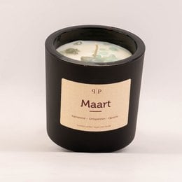 Gemstone scented candle in March fragrance, round shape, black container.
