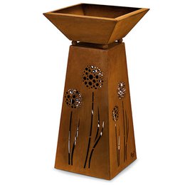 A decorative metal column planter with a deep bowl, featuring dandelion-inspired cutouts and a rustic, weathered finish. Dimensions: 35 x 35 cm.