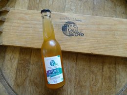Fermented tea beverage in a glass bottle with a yellow liquid and a label that says "DIVINE Kombucha". The bottle has a wooden crate in the background.