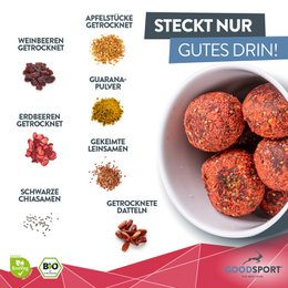 ØKOLOGISKE energikugler, jordbærguarana, spiret hørfrø