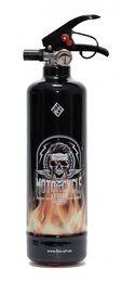 A black fire extinguisher with a skull and crossbones design, featuring a red nozzle and a metal body. The extinguisher appears to be for decorative or novelty purposes rather than practical fire safety.