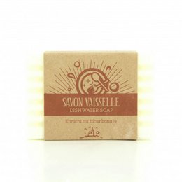 Dishwashing soap with bicarbonate, 120g. Rectangular yellow bar soap with a red label featuring a sun design.