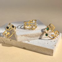 Moon, star and sun adjustable ring with stone