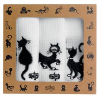 Set of 3 Dubout tea towels White embroidered cats 40 x 60