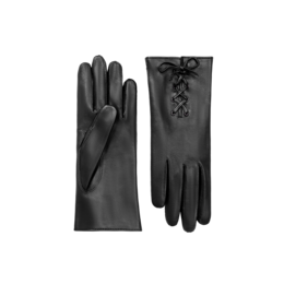 Black leather gloves with lace-up detail, available in various colors and sizes. Suitable for fashion and everyday wear.