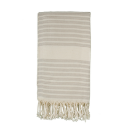 Beige and white striped hammam towel with tasseled edges, made of soft, absorbent material.