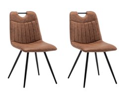 Set of 2 dining room chairs in cognac microfibre with pleated backrest and black metal legs.