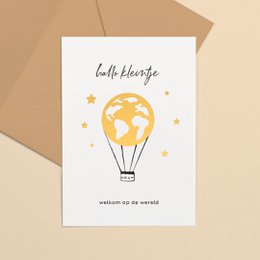 A6 gold foil card with a whimsical hot air balloon design, perfect for baby announcements or greeting cards.