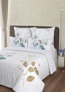 Beddengoedset gemaakt van 100% katoen Mako satijnen zoom en rits goudkleurig - Bladgroen