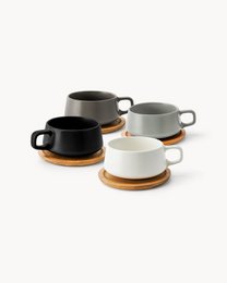  Set of 4 cappuccino cups in gray, beige, white, and black colors with wooden saucers.