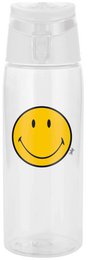  A transparent water bottle with a yellow smiley face graphic. The bottle is designed for on-the-go use and has a capacity of 750 ml.