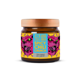 Organic Spicy Chili Crunch Seasoning Paste, a vegan 180g product in the Marinades category. The paste is made with a blend of spices and chili, providing a flavorful seasoning for various dishes.