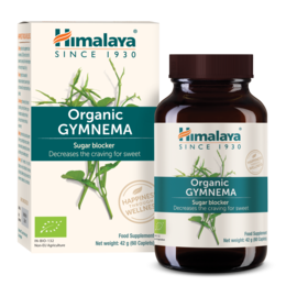  Himalaya organic Gymnema supplement tablets, sugar blocker, natural herbal wellness, dark glass bottle packaging.