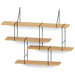 Oak and black metal shelving unit with multiple tiers and levels for storage and display.
