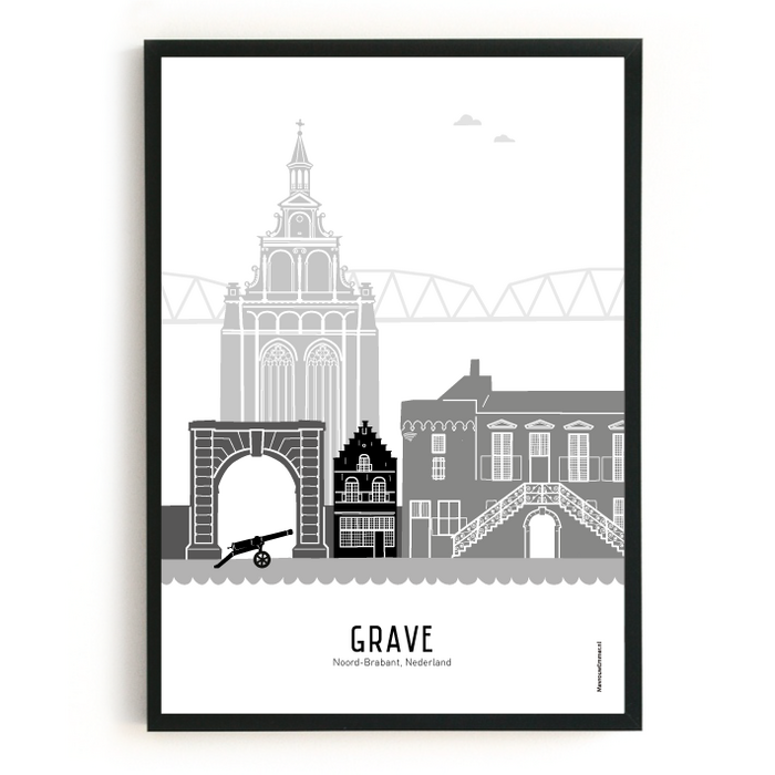 Poster skyline Grave zwart-wit-grijs
