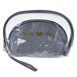 Toilettas Dames Set van 2 24x15 / 19x12 cm Zilverkleurig Polyurethaan Kat
