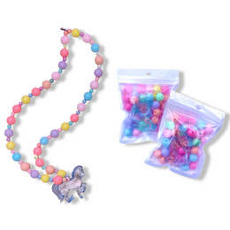 Colorful DIY necklace craft kit with pastel beads and a unicorn charm.