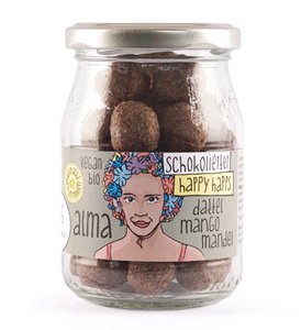 Alma - Bio-Dattel-Mango-Mandel-Fruchtkugel schokoliert zartbitter - Happy Happs im Pfandglas, 150g