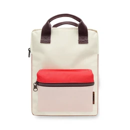 Colorblock backpack with a sensational sand color, suitable for kids. Features a compact design with multiple compartments and pockets for storage and organization.