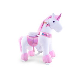  Plush pink and white unicorn ride-on toy with horn, mane, and saddle. Suitable for children to ride and play with.