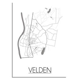 A minimalist black and white map poster of Velden, featuring a simple street layout design. Suitable for home decor in a modern, Scandinavian-inspired interior.