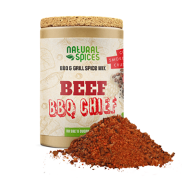 Beef BBQ Chili spice mix with natural ingredients. Includes chili powder, garlic, onion, and other spices for a flavorful barbecue seasoning.