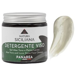 Facial cleansing gel with lava stone and aloe vera, suitable for body scrubs. Green jar with white label.