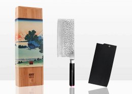 A heavy-duty cleaver knife with a 190mm stainless steel blade, featuring a bamboo saya (sheath) and bamboo storage box. Suitable for professional chefs and home cooks who need a versatile, high-quality carving knife.