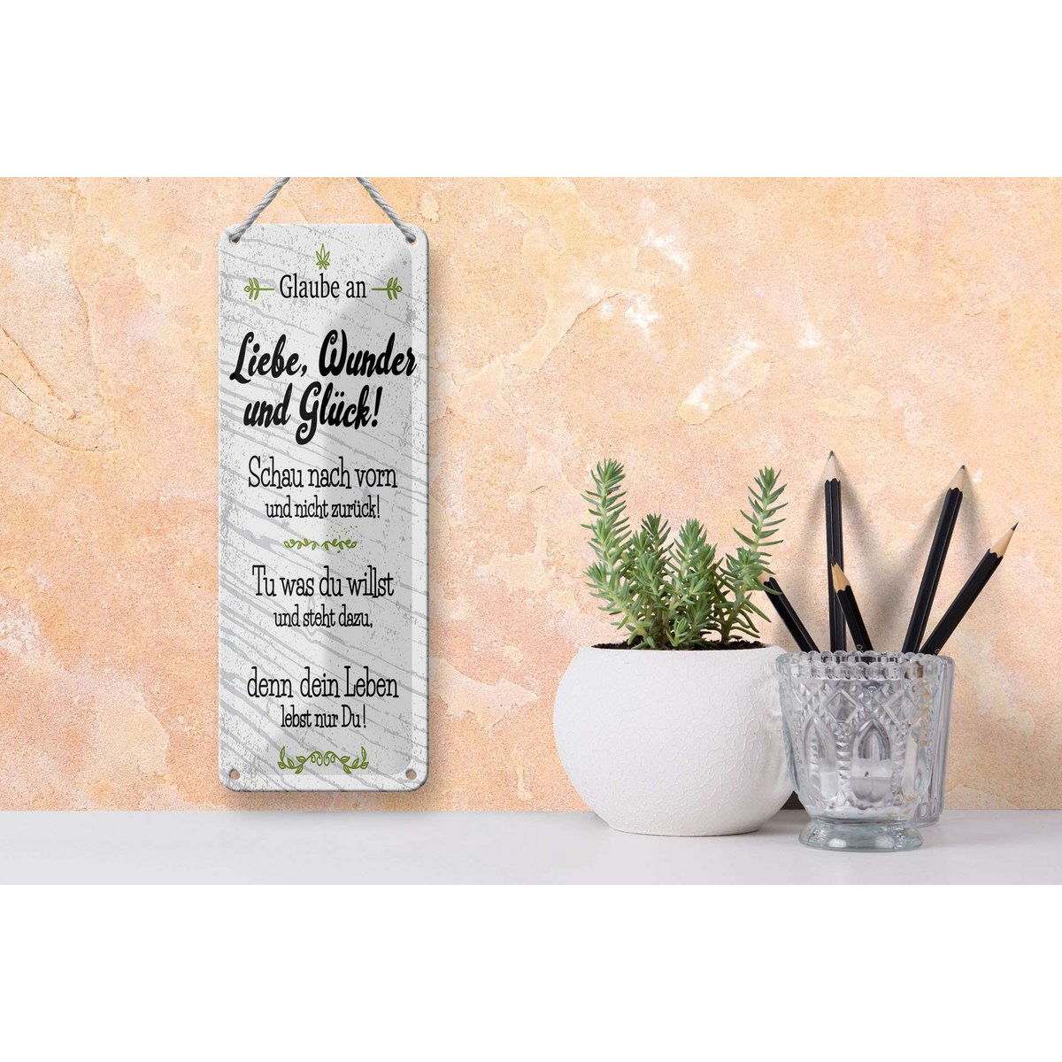 Blechschild Spruch 27x10 cm Glaube an Liebe Wunder und Glück Deko Schild