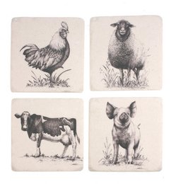 Set of 4 coasters featuring illustrations of a rooster, sheep, cow, and pig. Made of cork material.