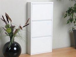  White matte metal shoe cabinet with 3 doors and shelves for storing shoes.