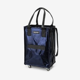  Small midnight blue shopping bag with built-in cover, made of durable materials.