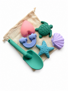 Silicone beach set (1 shovel and 5 molds) with net