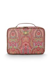  A red and pink paisley patterned toiletry bag with a leather handle and trim. The bag has a rectangular shape and appears to be made of a durable material, likely canvas or a similar fabric.
