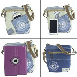Sunsa Bæredygtig Skuldertaske til kvinder. Skuldertaske lavet af genbrugte jeans & canvas (canvas). Håndtaske i vintage retro stil. Crossbody taske til kvinder med maritimt motiv