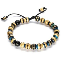 Bracelet made from recycled skateboards with beads in various colors including blue, yellow, and black. Adjustable cord allows for custom fit.