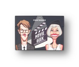 A trivia game featuring movie-themed characters and graphics, including a man with glasses and a woman with a clown-like expression.