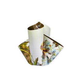 A tall, cylindrical vase made of stone paper with a green color and a floral pattern design.