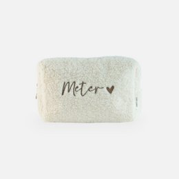  Beige toiletry bag for kids, featuring the word "meter" printed on it. Made of soft, plush material for comfortable use.