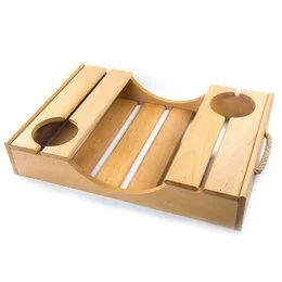 Wooden drink tray with compartments for holding wine glasses and bottles. The tray has a natural wood finish and a simple, minimalist design.
