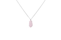 Silver long necklace with a pink stone pendant. The necklace features a delicate silver chain and a teardrop-shaped pink stone charm.