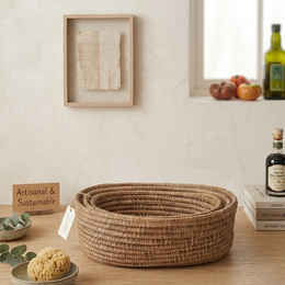  Natural woven oval storage baskets set of 3, wicker rattan material, neutral beige tan color, nesting design.