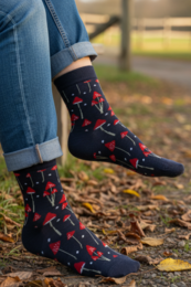 Dark blue merino wool socks with red mushroom pattern, cozy knit design for comfort and style.
