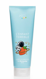  200ml kids shampoo with a playful cartoon character design, featuring a bright blue color and a carrot-shaped bottle.