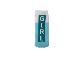 Teal and white socks with the text "GIRL" printed on them.