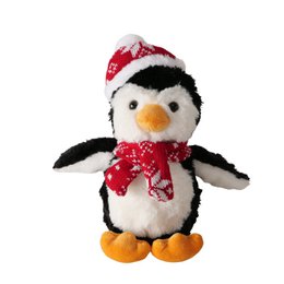  Plush penguin toy with a red and white patterned hat and scarf. The penguin has a round body, black and white coloring, and orange feet.